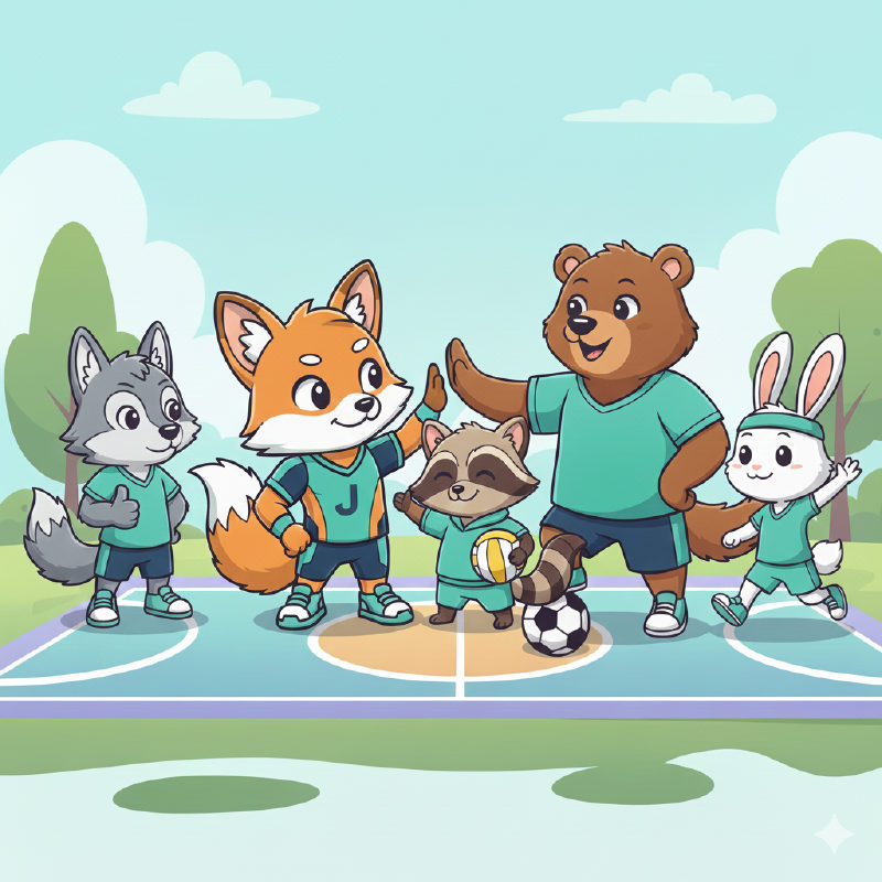 Os amigos do Jota, mascotes do JogaCom, jogando juntos numa quadra